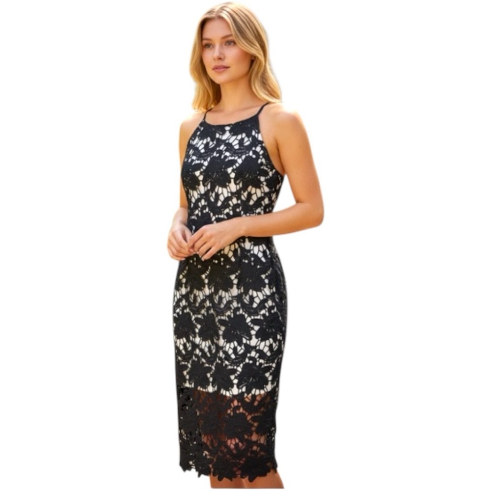 L’affaire Elegant Navy Lace Midi Dress Sz L Sleeveless Fitted Back Slit Events